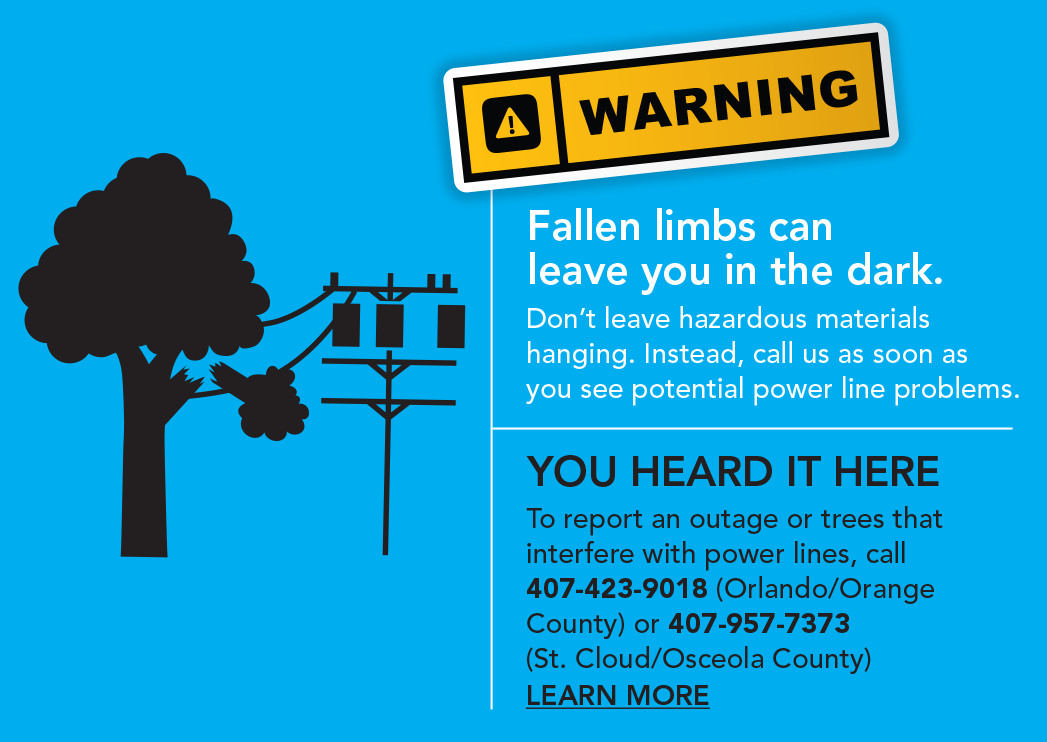 Fallen limbs can leave you in the dark. Don't leave hazardous materials hanging. Instead, call us as soon as you see potential power line problems. You heard it here. To report an outage or trees that interfere with power lines, call 407-423-9018 (Orlando/Orange County) or 407-957-7373 (St. Cloud/Osceola County). Learn more.