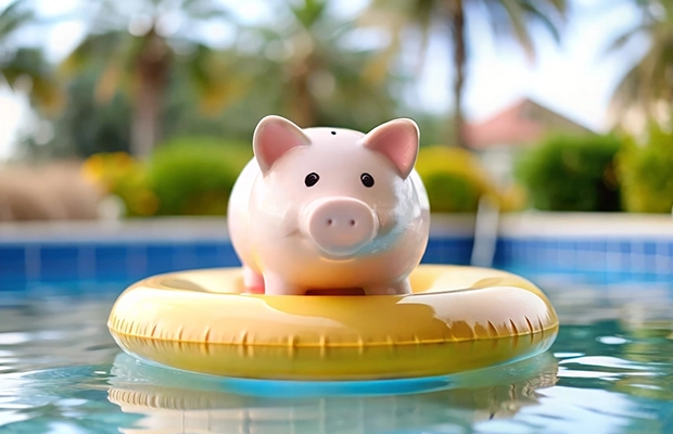 Piggy bank on a pool floatie
